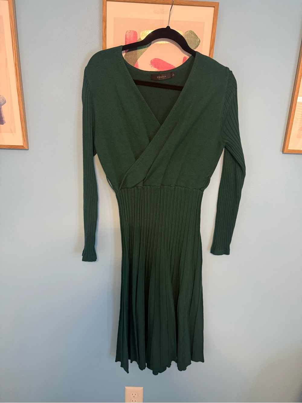 Emerald Green Ribbed Wrap-Style Long Sleeve Dress